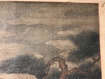 Een gesigneerde Chinese rolschildering op zijde met een tuinsc&egrave;ne, 18/19e eeuw