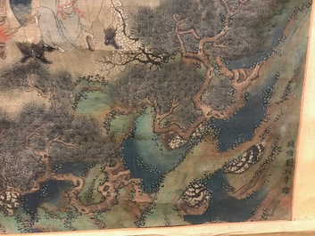 Een gesigneerde Chinese rolschildering op zijde met een tuinsc&egrave;ne, 18/19e eeuw