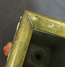 A square Chinese qianjiang cai vase marked Zhou Xiao Song and a bronze-mounted famille rose vase, 19/20th C.