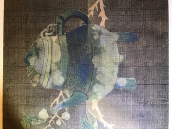 Quatre tableaux encadr&eacute;s aux antiquit&eacute;s et fleurs, Chine, 19&egrave;me
