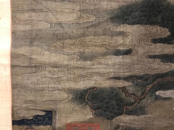 Een gesigneerde Chinese rolschildering op zijde met een tuinsc&egrave;ne, 18/19e eeuw