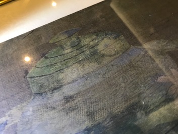 Quatre tableaux encadr&eacute;s aux antiquit&eacute;s et fleurs, Chine, 19&egrave;me