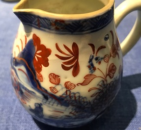 Five Chinese famille rose and blue and white mugs and a covered jug, mostly Qianlong