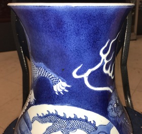 A Chinese blue and white relief-decorated hu vase with mythical beasts, Chenghua mark, 19/20th C.