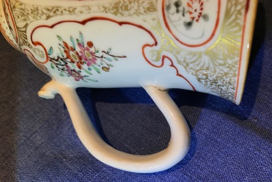 Five Chinese famille rose and blue and white mugs and a covered jug, mostly Qianlong