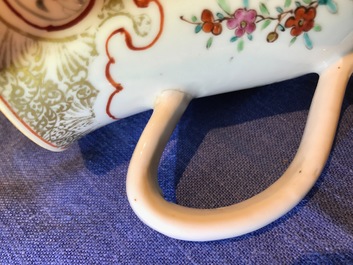 Five Chinese famille rose and blue and white mugs and a covered jug, mostly Qianlong