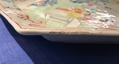 Two Chinese famille rose hexagonal dishes with mandarin designs, Qianlong