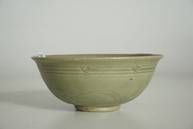 A Chinese Longquan celadon bowl with incised design, Ming