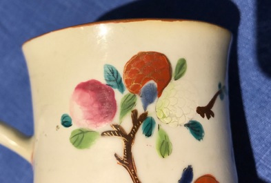 Five Chinese famille rose and blue and white mugs and a covered jug, mostly Qianlong