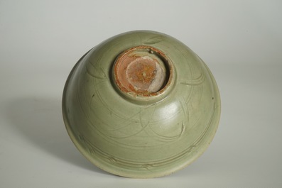 A Chinese Longquan celadon bowl with incised design, Ming