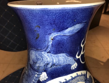 A Chinese blue and white relief-decorated hu vase with mythical beasts, Chenghua mark, 19/20th C.