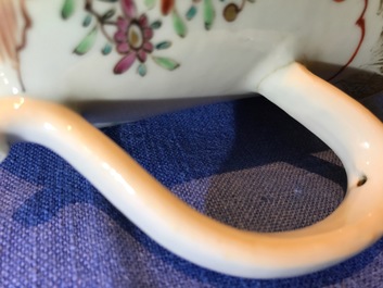 Five Chinese famille rose and blue and white mugs and a covered jug, mostly Qianlong