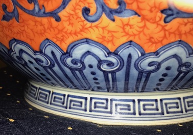 A Chinese coral-ground peony scroll hu vase, Yongzheng mark, 20th C.