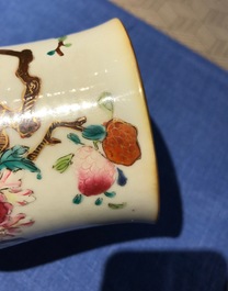 Five Chinese famille rose and blue and white mugs and a covered jug, mostly Qianlong