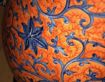 A Chinese coral-ground peony scroll hu vase, Yongzheng mark, 20th C.