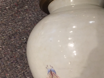 A Chinese famille rose bronze-mounted yuhuchunping vase, Qianlong mark, 19/20th C.