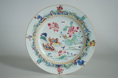 A Chinese famille rose dish with mandarin ducks and immortals, Yongzheng