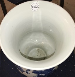 A Chinese blue and white relief-decorated hu vase with mythical beasts, Chenghua mark, 19/20th C.