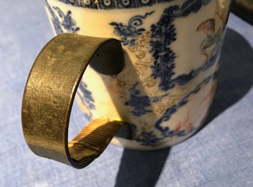Five Chinese famille rose and blue and white mugs and a covered jug, mostly Qianlong