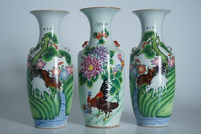 A pair of Chinese famille rose vases with goats and one with roosters, 20th C.