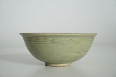 A Chinese Longquan celadon bowl with incised design, Ming