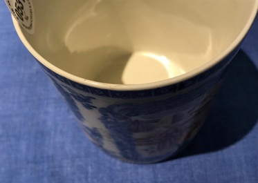 Five Chinese famille rose and blue and white mugs and a covered jug, mostly Qianlong
