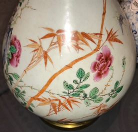 A Chinese famille rose bronze-mounted yuhuchunping vase, Qianlong mark, 19/20th C.