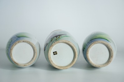 A pair of Chinese famille rose vases with goats and one with roosters, 20th C.
