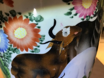 A pair of Chinese famille rose vases with goats and one with roosters, 20th C.