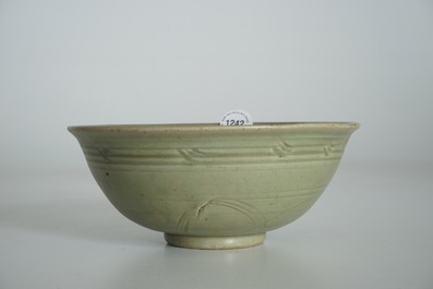 A Chinese Longquan celadon bowl with incised design, Ming
