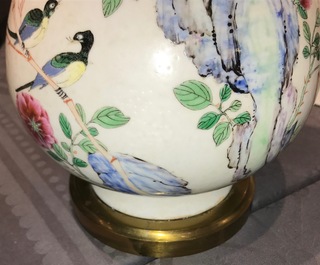 A Chinese famille rose bronze-mounted yuhuchunping vase, Qianlong mark, 19/20th C.