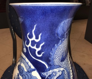 A Chinese blue and white relief-decorated hu vase with mythical beasts, Chenghua mark, 19/20th C.