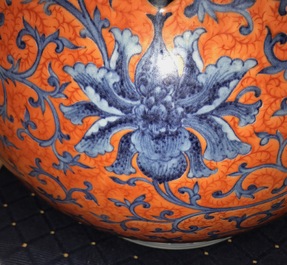 A Chinese coral-ground peony scroll hu vase, Yongzheng mark, 20th C.