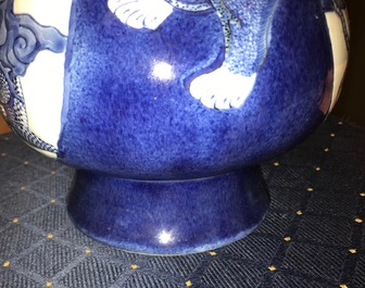 A Chinese blue and white relief-decorated hu vase with mythical beasts, Chenghua mark, 19/20th C.