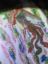 Three Chinese famille verte plates with a phoenix and a qilin, Kangxi