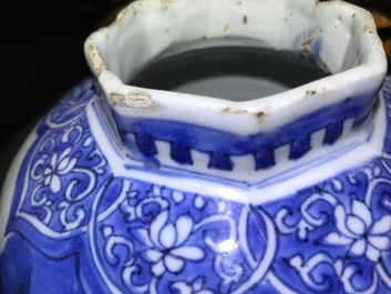 A Chinese blue and white octagonal baluster vase, Transitional period