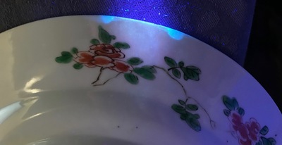 Three Chinese famille verte plates with a phoenix and a qilin, Kangxi