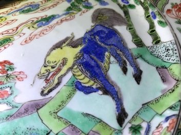 Three Chinese famille verte plates with a phoenix and a qilin, Kangxi