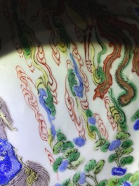 Three Chinese famille verte plates with a phoenix and a qilin, Kangxi