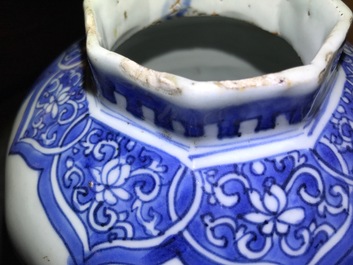 A Chinese blue and white octagonal baluster vase, Transitional period