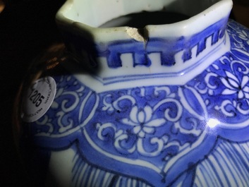 A Chinese blue and white octagonal baluster vase, Transitional period