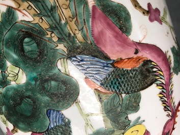A tall Chinese famille rose vase with pheasants and peacocks, 19th C.