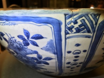 A large Chinese blue and white kraak porcelain bowl with floral design, Wanli