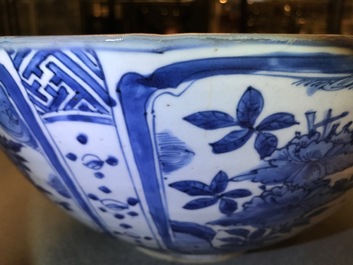 A large Chinese blue and white kraak porcelain bowl with floral design, Wanli