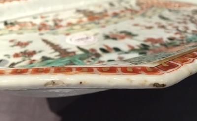 Two octagonal Chinese famille verte "Chinese wall" platters, Kangxi