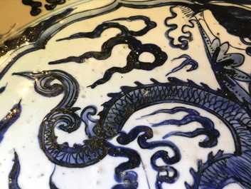 A very large Chinese blue and white dragon dish, Jiajing