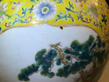 A tall Chinese famille rose yellow-ground vase with a tiger, Qianlong mark, 19th C.