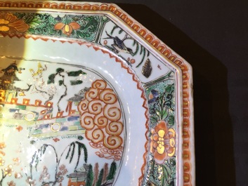 Two octagonal Chinese famille verte "Chinese wall" platters, Kangxi