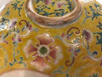 A tall Chinese famille rose yellow-ground vase with a tiger, Qianlong mark, 19th C.