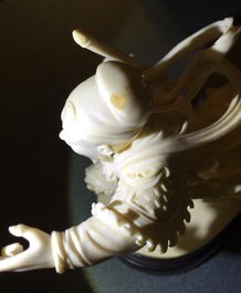 A Chinese ivory warrior and Chang'e on wooden stands, 19/20th C.